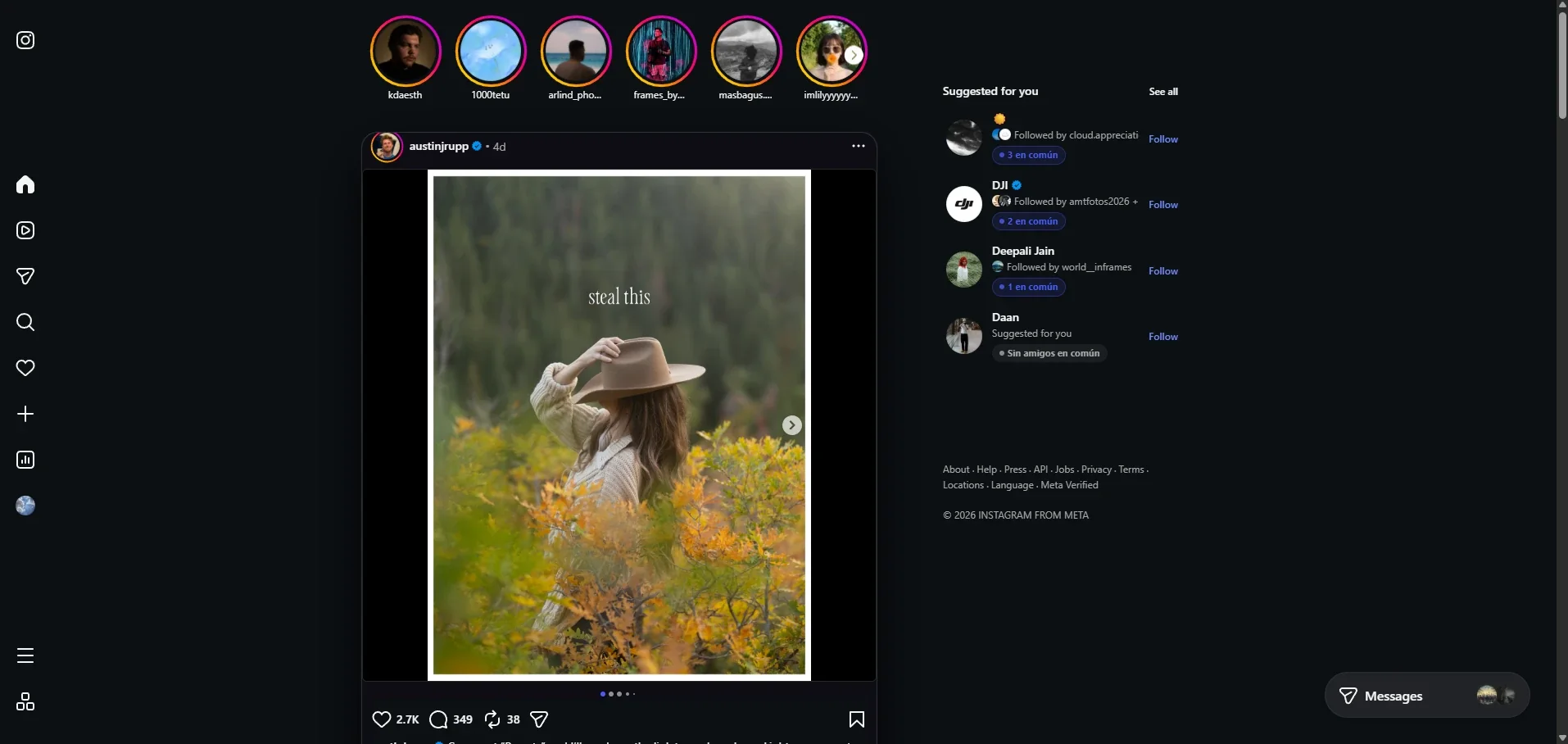 Instagram normal en la computadora: una sola columna angosta