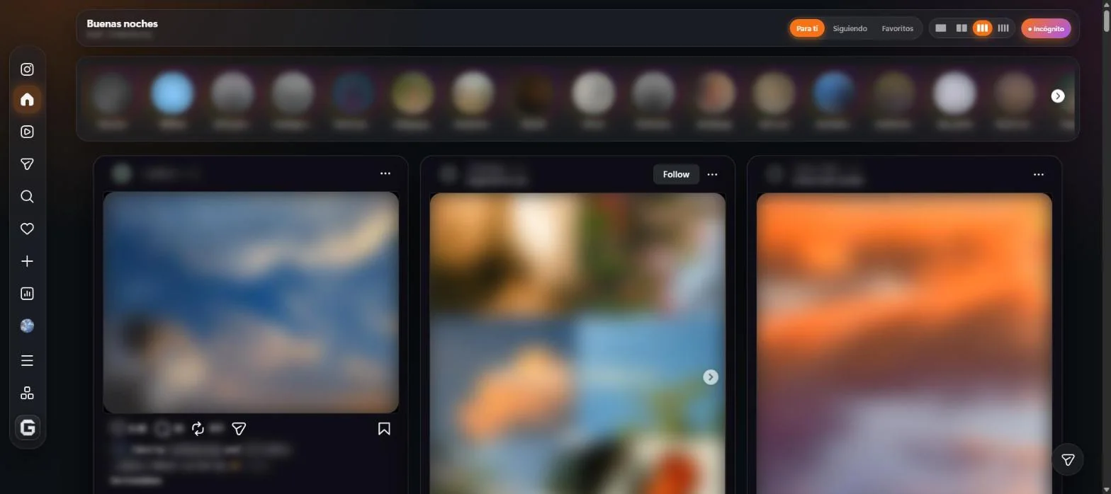 Instagram en la computadora con Glasso: inicio en 3 columnas, menú lateral y barra de Stories
