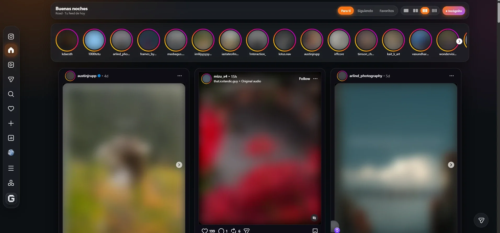 Instagram con Glasso: inicio en 3 columnas